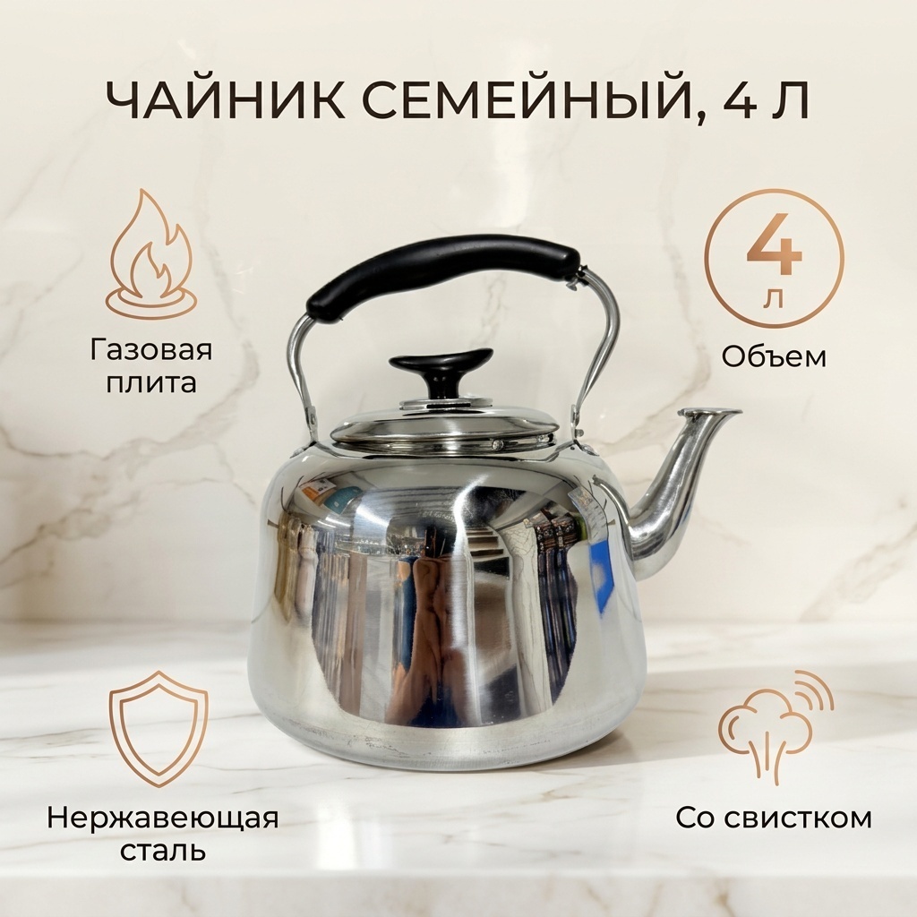 Чайник 30358445_502077425 4 л, нержавеющая сталь