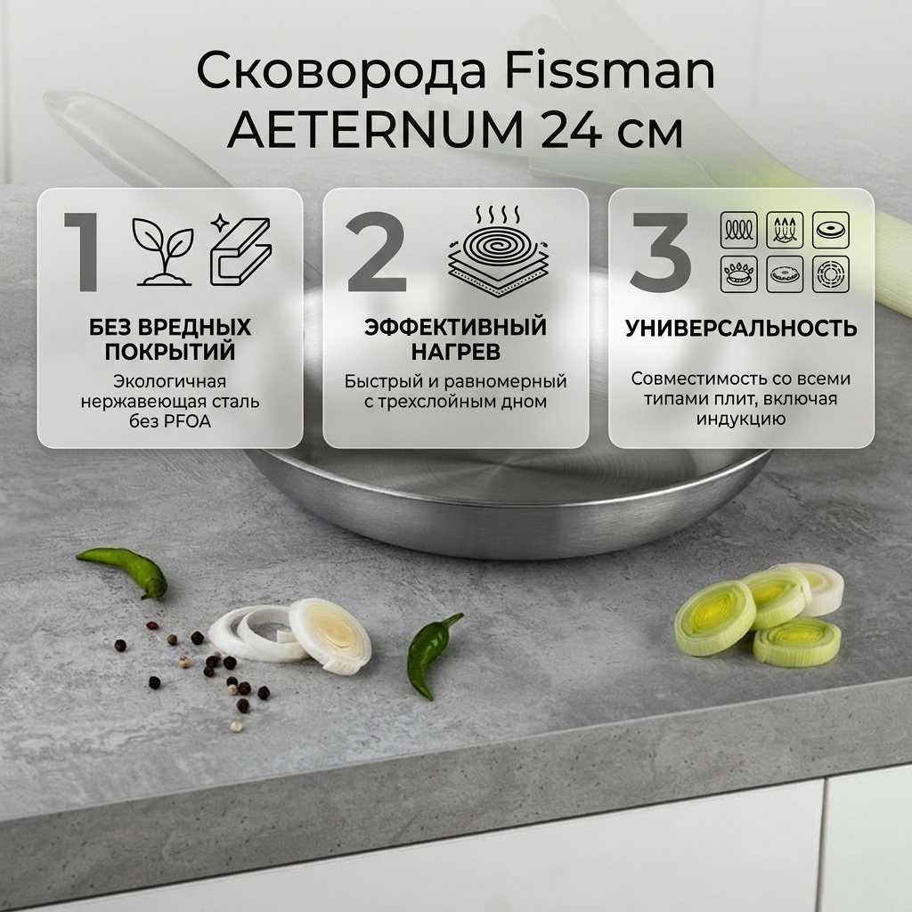 Сковорода Fissman Сковорода AETERNUM 24x4,5см без крышки 24 см , нержавеющая сталь