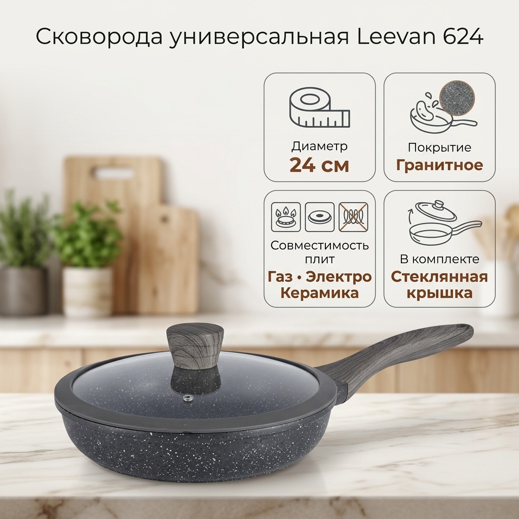 Сковорода Leevan 24 см с антипригарным покрытием, алюминий
