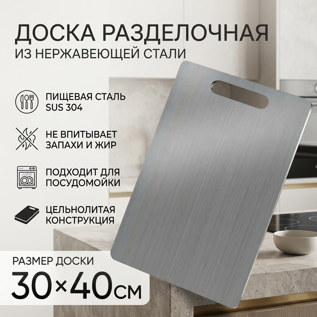 Доска разделочная из нержавеющей стали 30x40 см, серебристая 1 шт