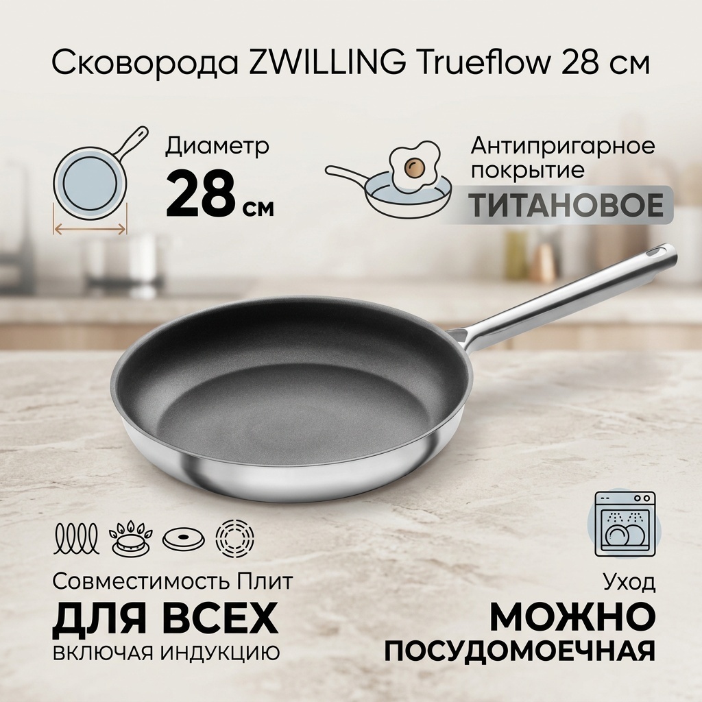 Сковорода ZWILLING Trueflow 28 см с антипригарным покрытием, нержавеющая сталь