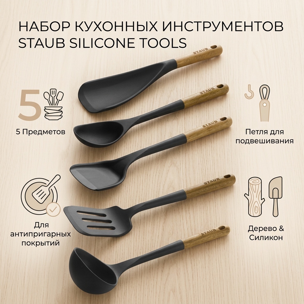 Набор кухонных инструментов Staub дерево, силикон, 5 шт