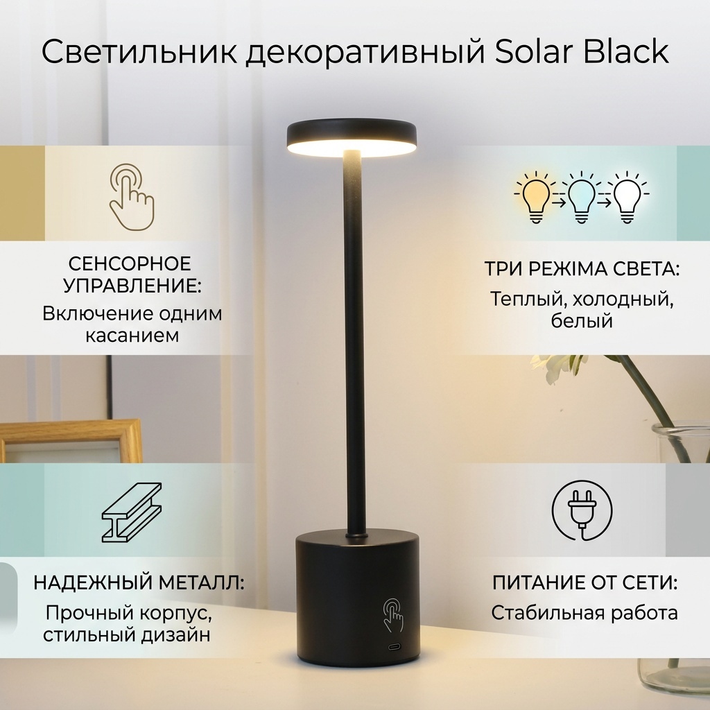 Solar декоративный светильник настольный Black, теплый белый, холодный белый, белый