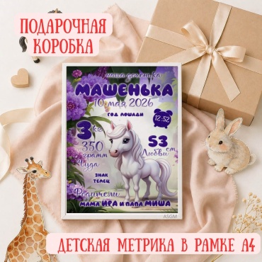 ASGM фоторамка Метрика ребенка в рамке А4 Детская метрика новорожденного с именем Подарок новорожденному Для девочки Новорожденная девочка