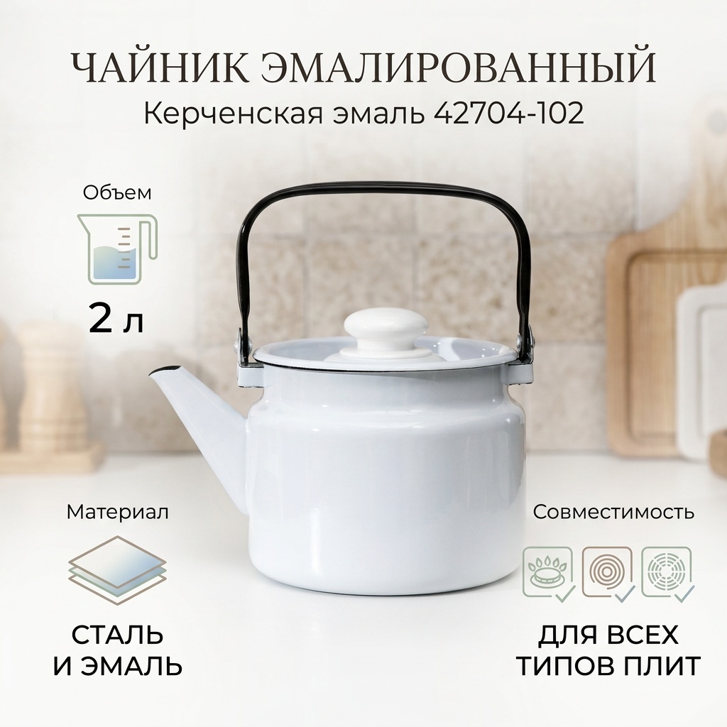 Керченская эмаль чайник 42704-102/белый,без рисунка 2 л, сталь