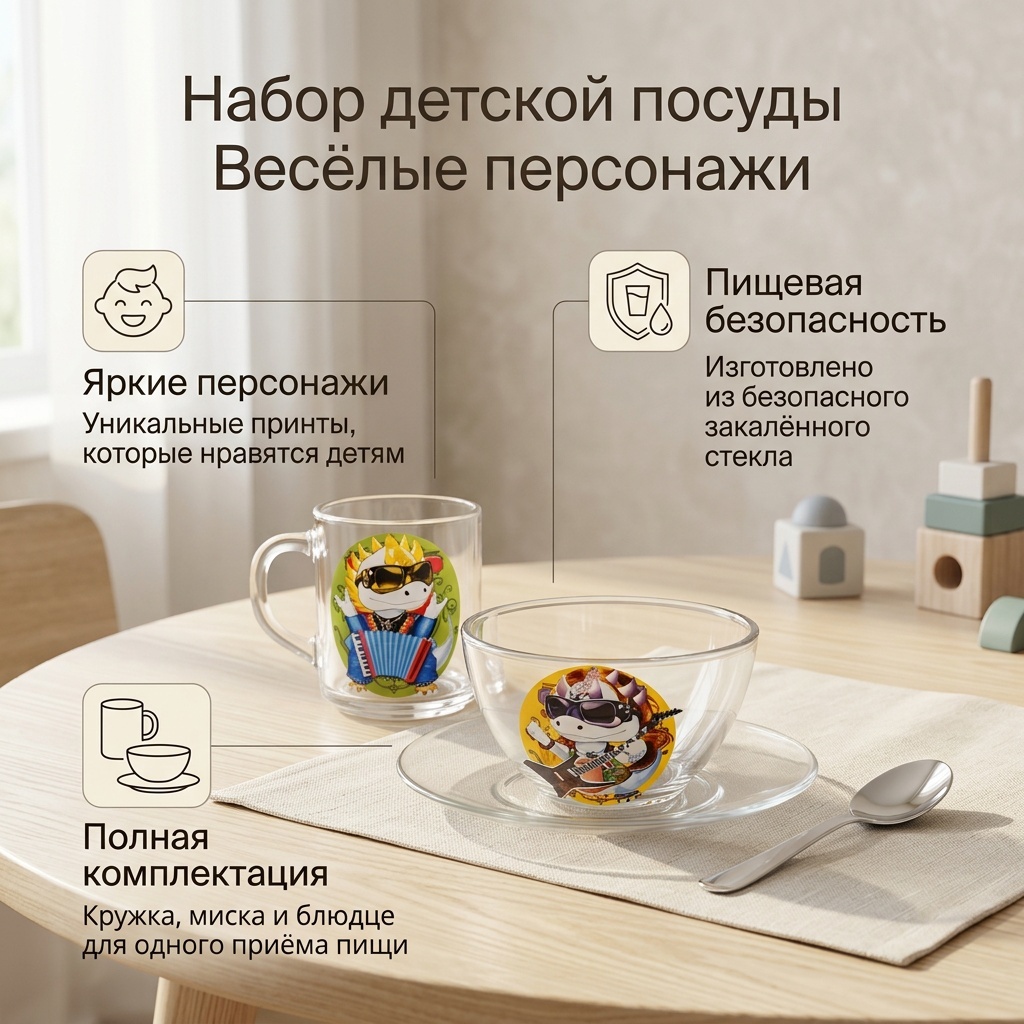 Сервиз на 1 персону Весёлые персонажи, предметов: 3, детский, стекло