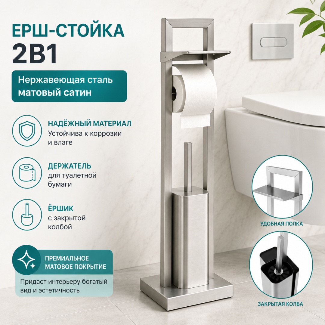 Ершик стойка 2в1 с полкой, Okuna 52, нержавеющая сталь