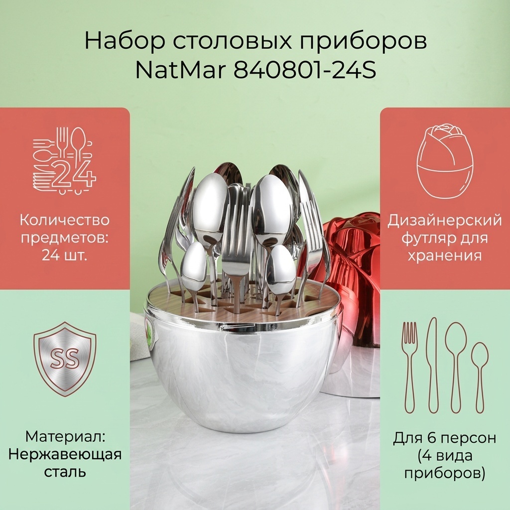 Набор столовых приборов NatMar 24 шт, красный, серебристый 840801-24S