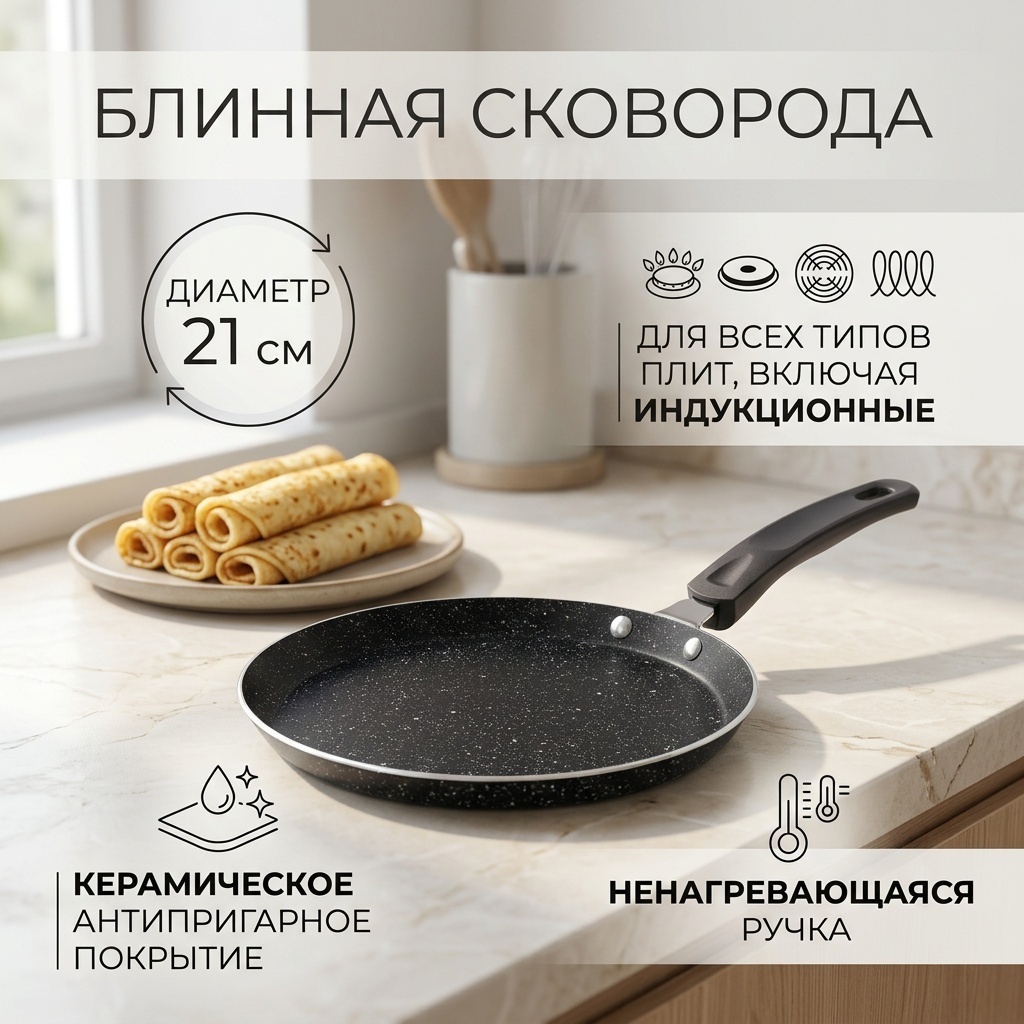 Блинная сковорода 21 см с антипригарным покрытием, сталь