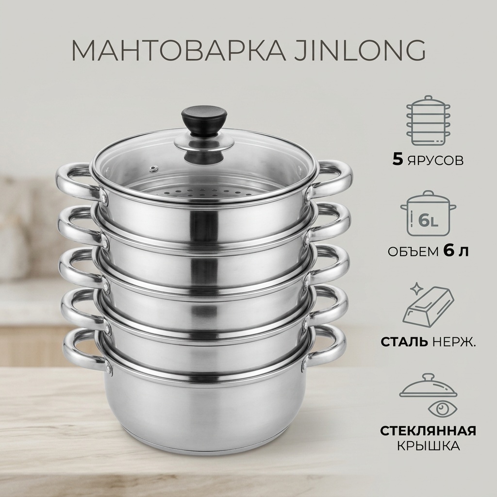 Мантоварка 6 л, JINLONG нержавеющая сталь, количество ярусов: 5
