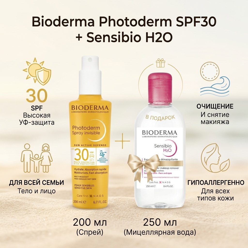 Bioderma Potoderm Spray SPF30 солнцезащитный + мицеллярная вода спрей для тела 200 мл