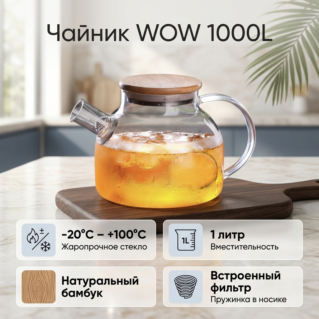 WOW чайник 1000L 1 л, жаропрочное стекло