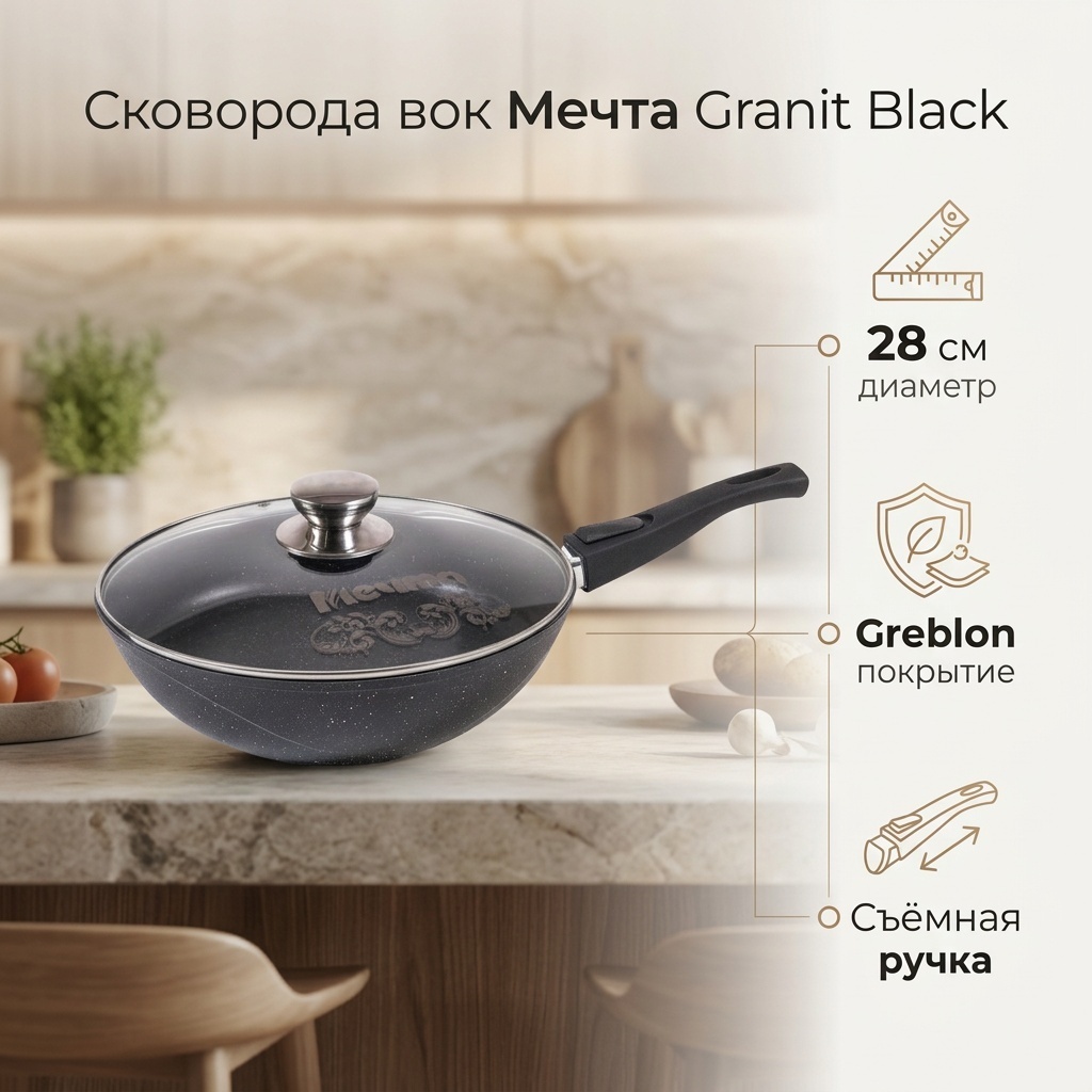 Вок Мечта Granit Black 28 см с антипригарным покрытием, алюминий