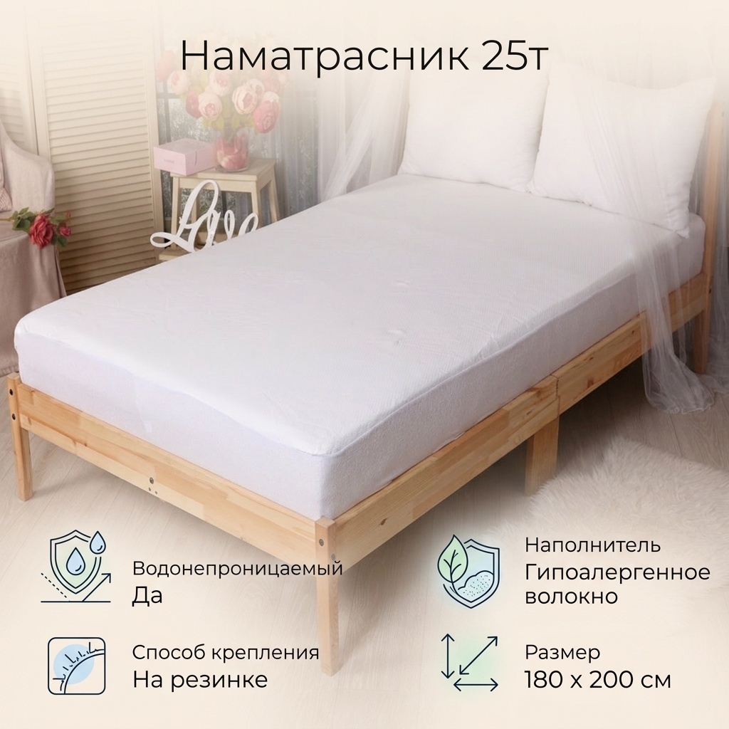 Наматрасник на резинке 25т 180x200, полиэстер, хлопок