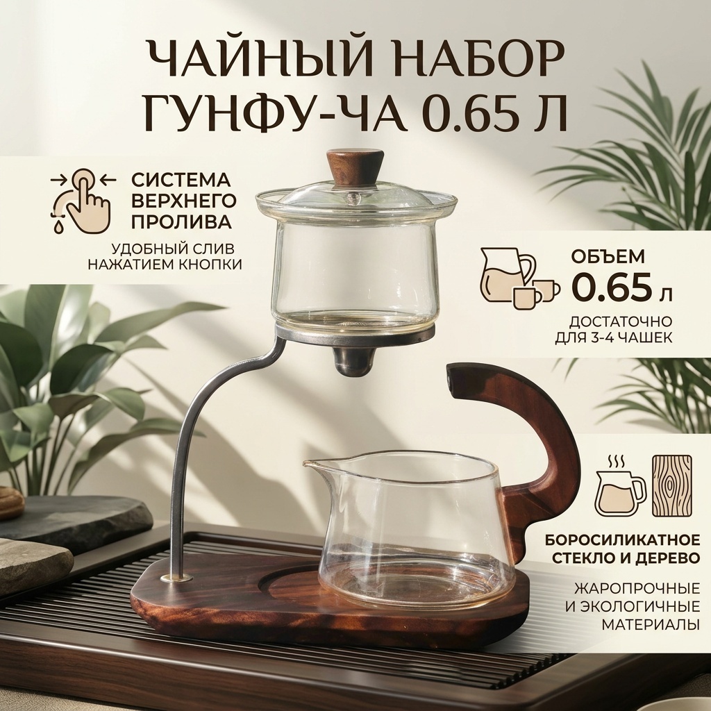 Чайник Гунфу-ча 30421833_250676884 0.65 л, дерево, стекло, металл