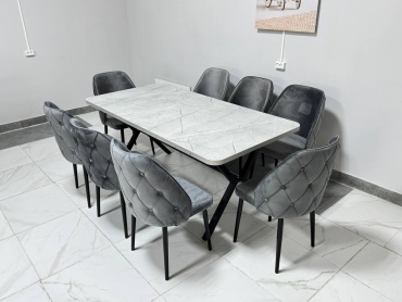 Комплект Rosaperla BEYZA K4, стол 180х90 см + 8 стульев, белый, серый