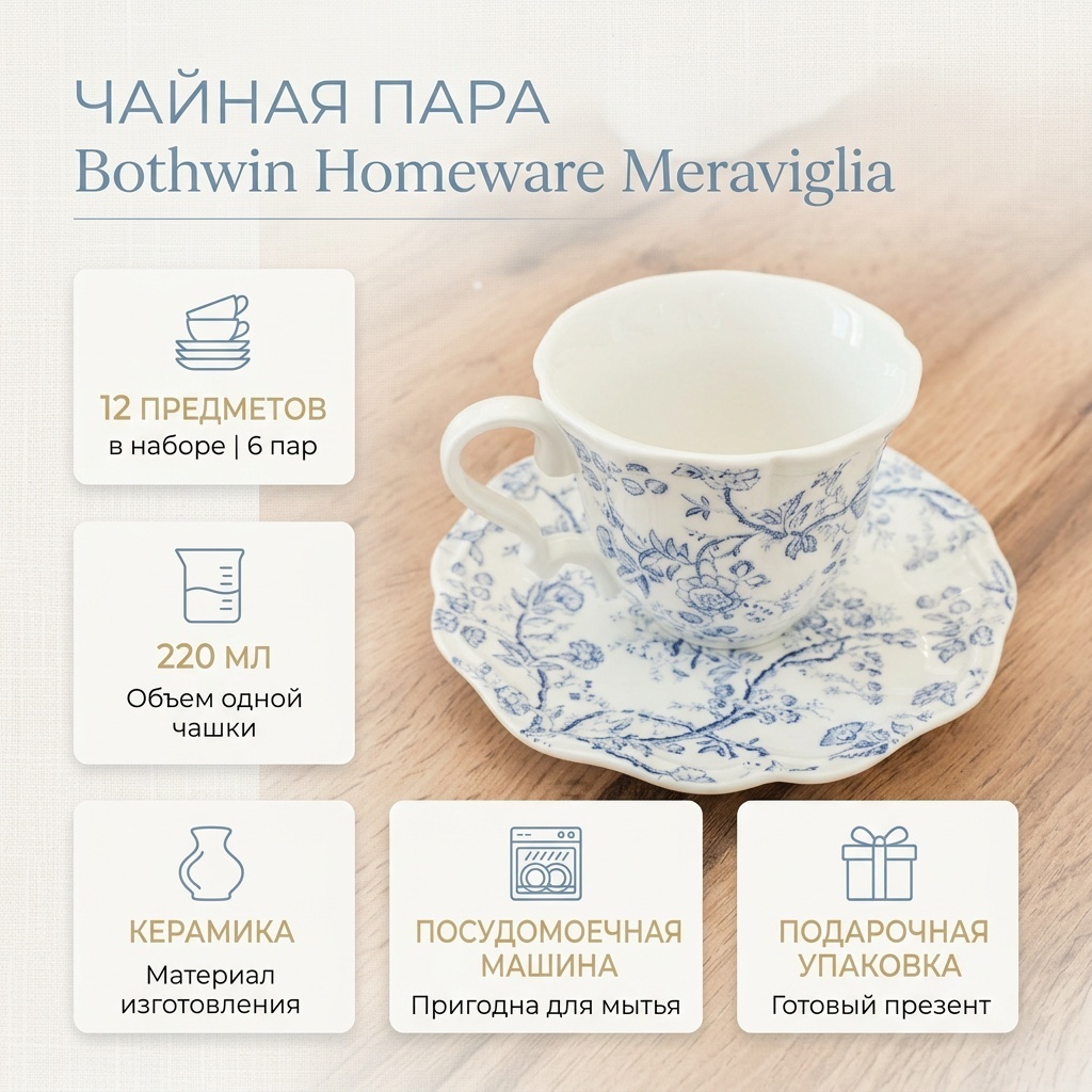 Чайная пара Bothwin Homeware , 220 мл, керамика, 6 шт.