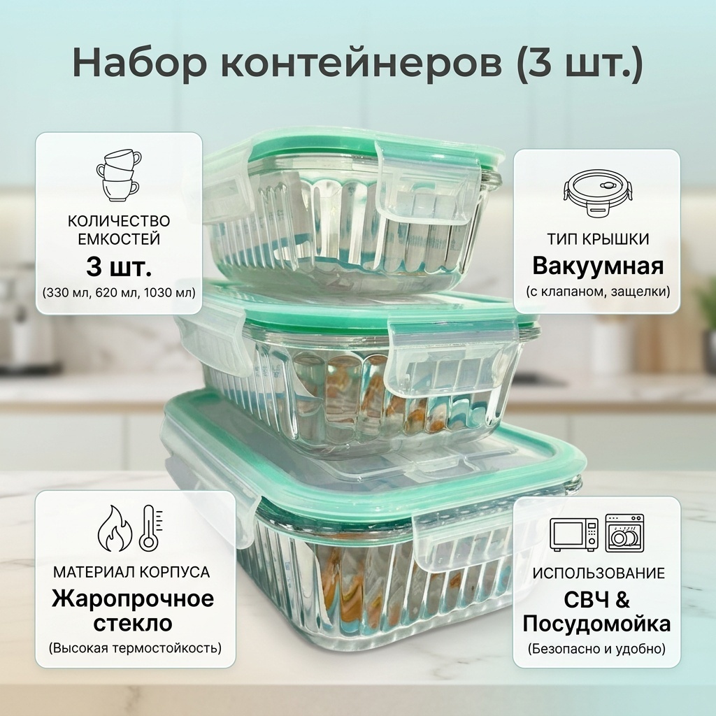 Набор контейнеров 16269340_320294154 3 шт, пластик, жаропрочное стекло