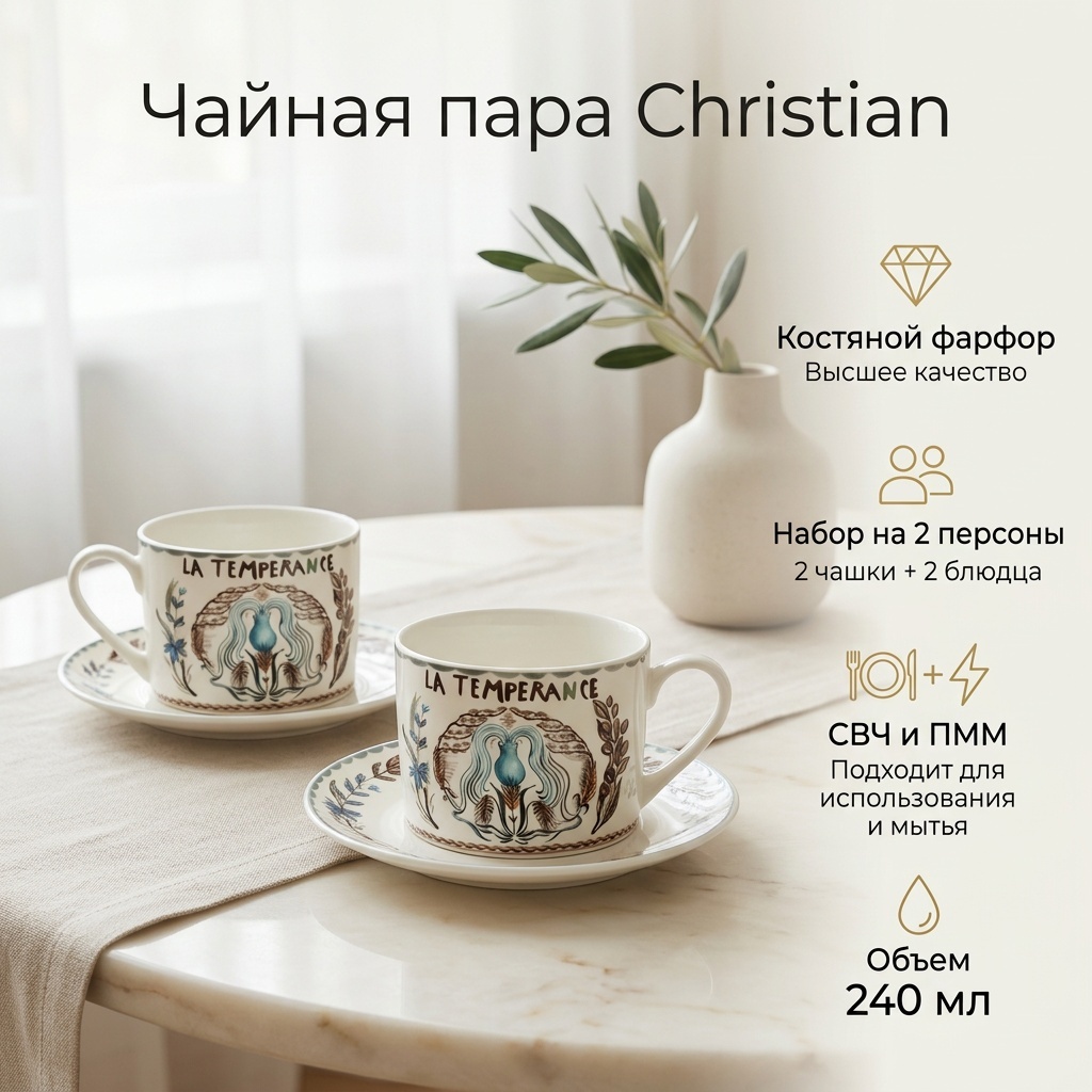 Чайная пара Dior от Феникс, 240 мл, фарфор, костяной фарфор, 2 шт.