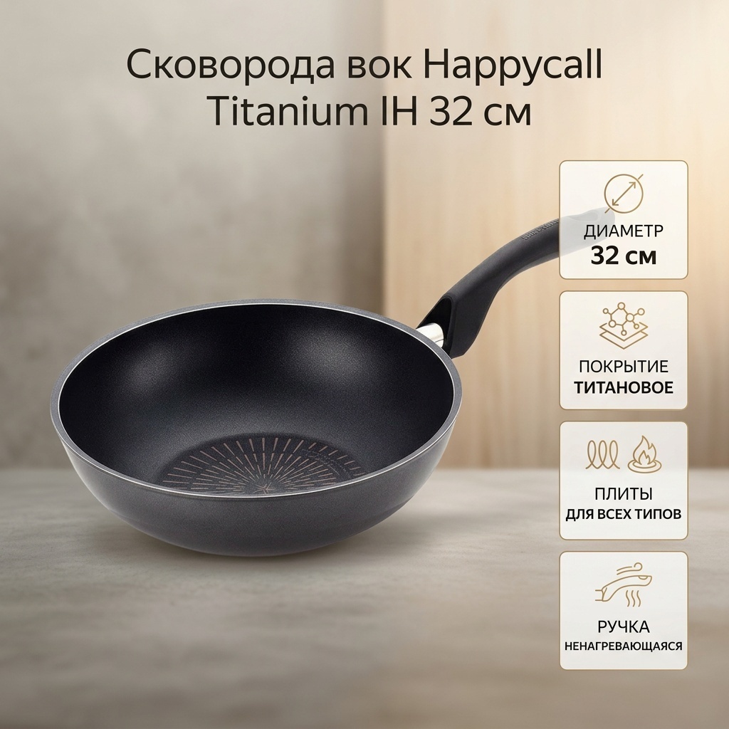 Вок Happycall Titanium IH 32 см с антипригарным покрытием, сталь