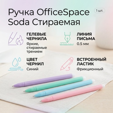 Ручка со стираемыми чернилами OfficeSpace Soda 1 шт, 0.5 мм, цвет чернил синий