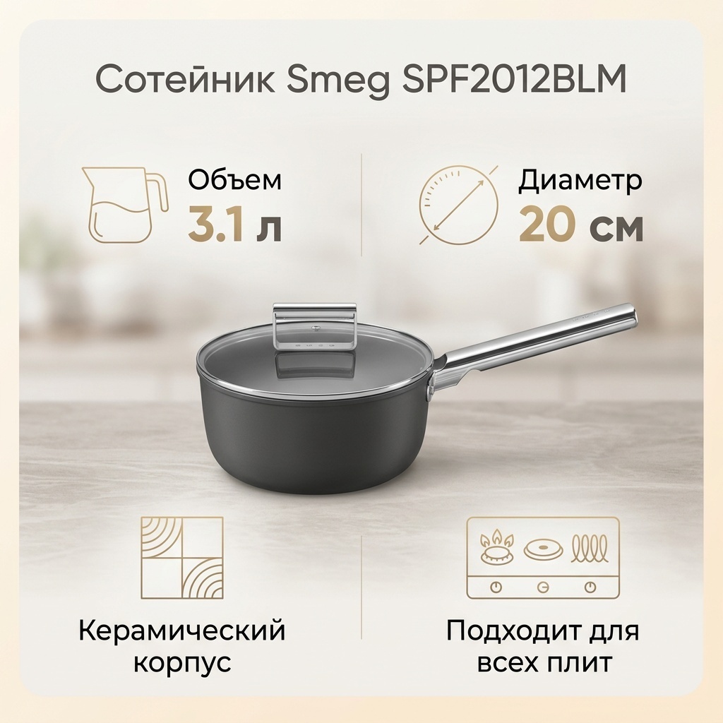 Сотейник 3.1 л, Smeg SPF2012BLM керамика