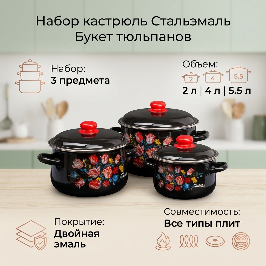 Набор кастрюль СтальЭмаль 3 в 1