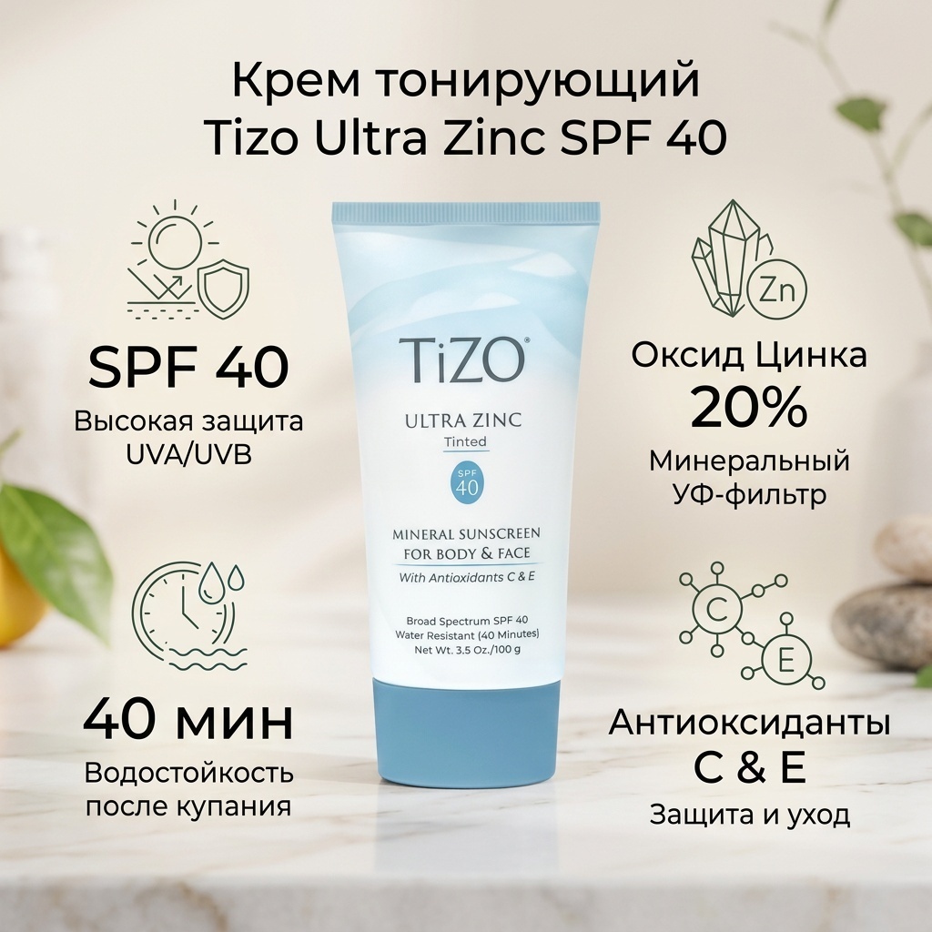 Tizo крем Ultra Zinc Tinted SPF40 для лица и тела 100 г