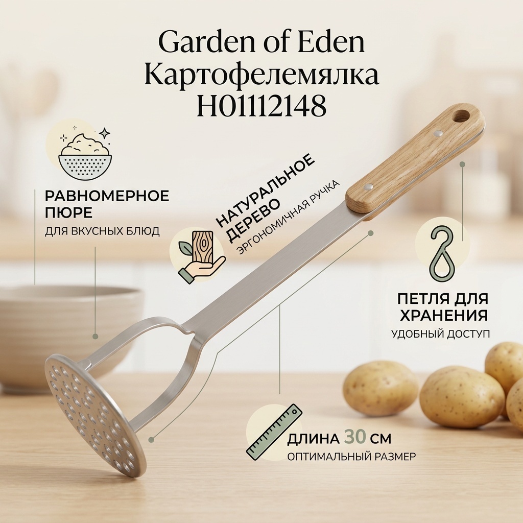 Картофелемялка Garden of Eden дерево, нержавеющая сталь, 1 шт