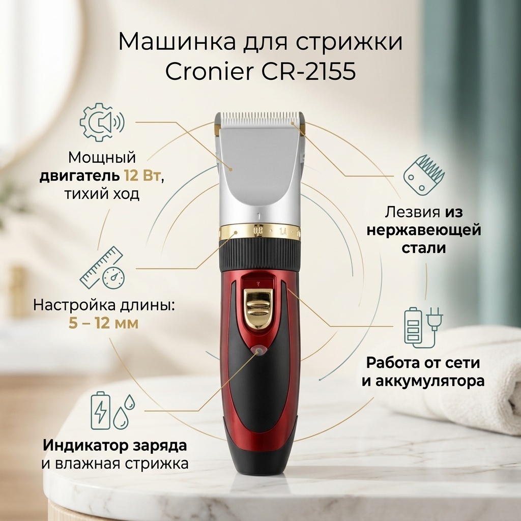 Cronier машинка для стрижки CR-2155 черный, красный, серебряный