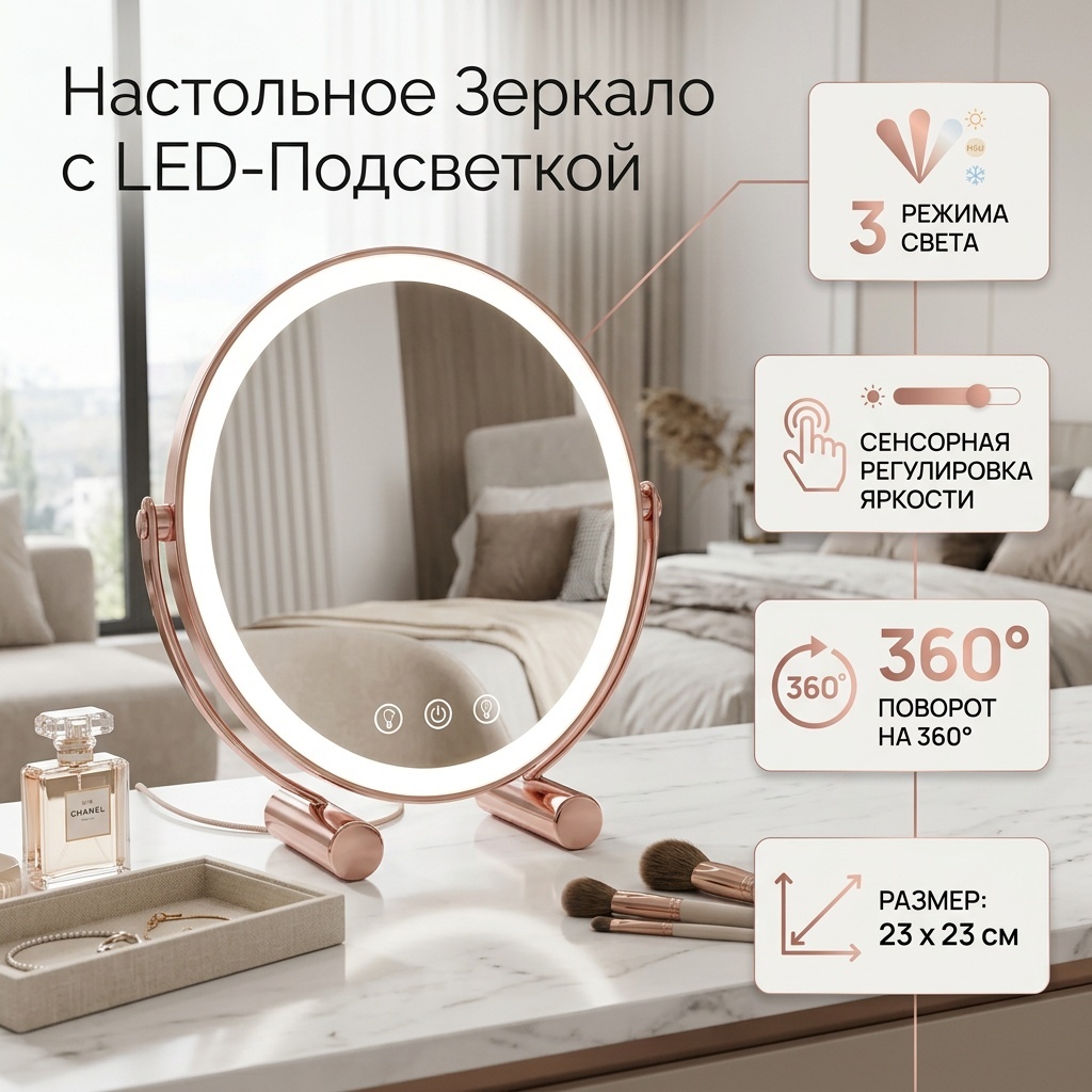 Зеркало настольное косметическое 23 x 23 см