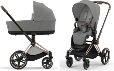 Коляска универсальная 2 в 1 Cybex Priam IV Rosegold 2-в-1 цвет Mirage Grey + спальный блок Lux Carry Cot, серый