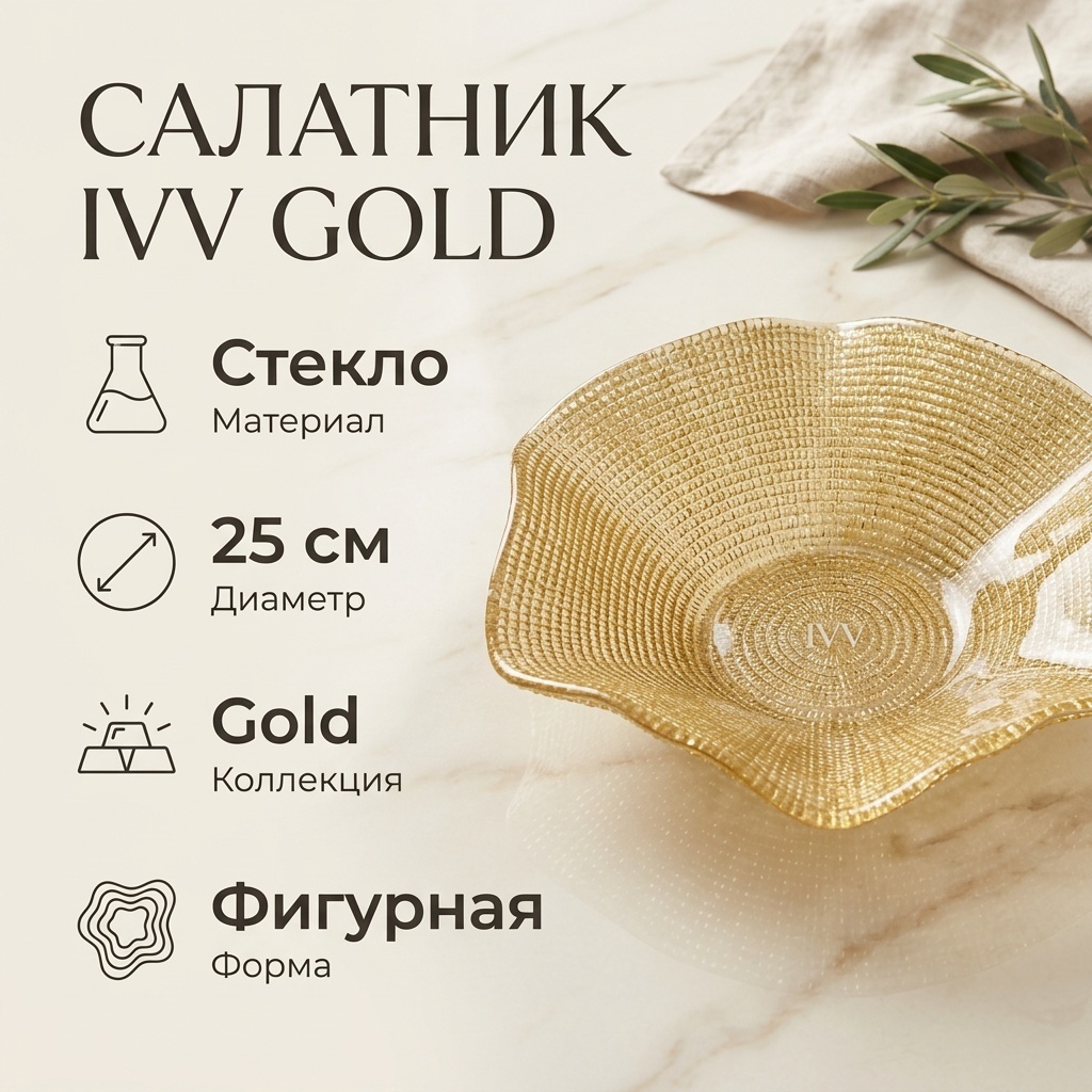 Салатник IVV Gold 25х25 см, стекло, 1 шт