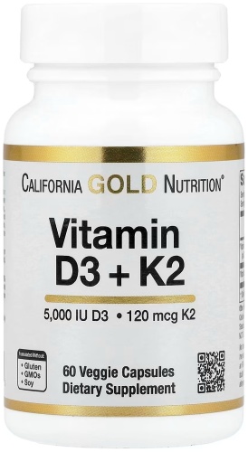 Препарат для укрепления связок и суставов California Gold Nutrition витамины D3 и K2 в виде МК-7, 60 растительных капсул
