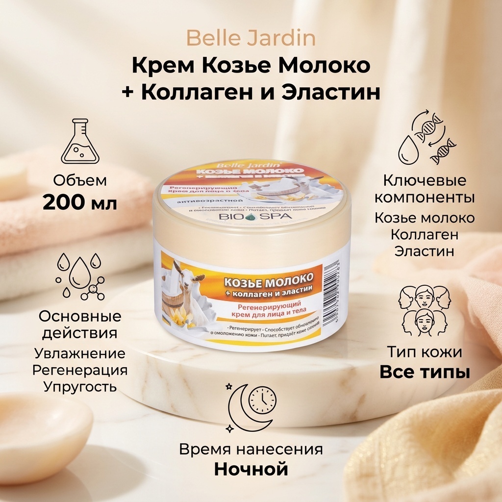 Belle Jardin крем Козье молоко + Коллаген и Эластин для лица 200 мл
