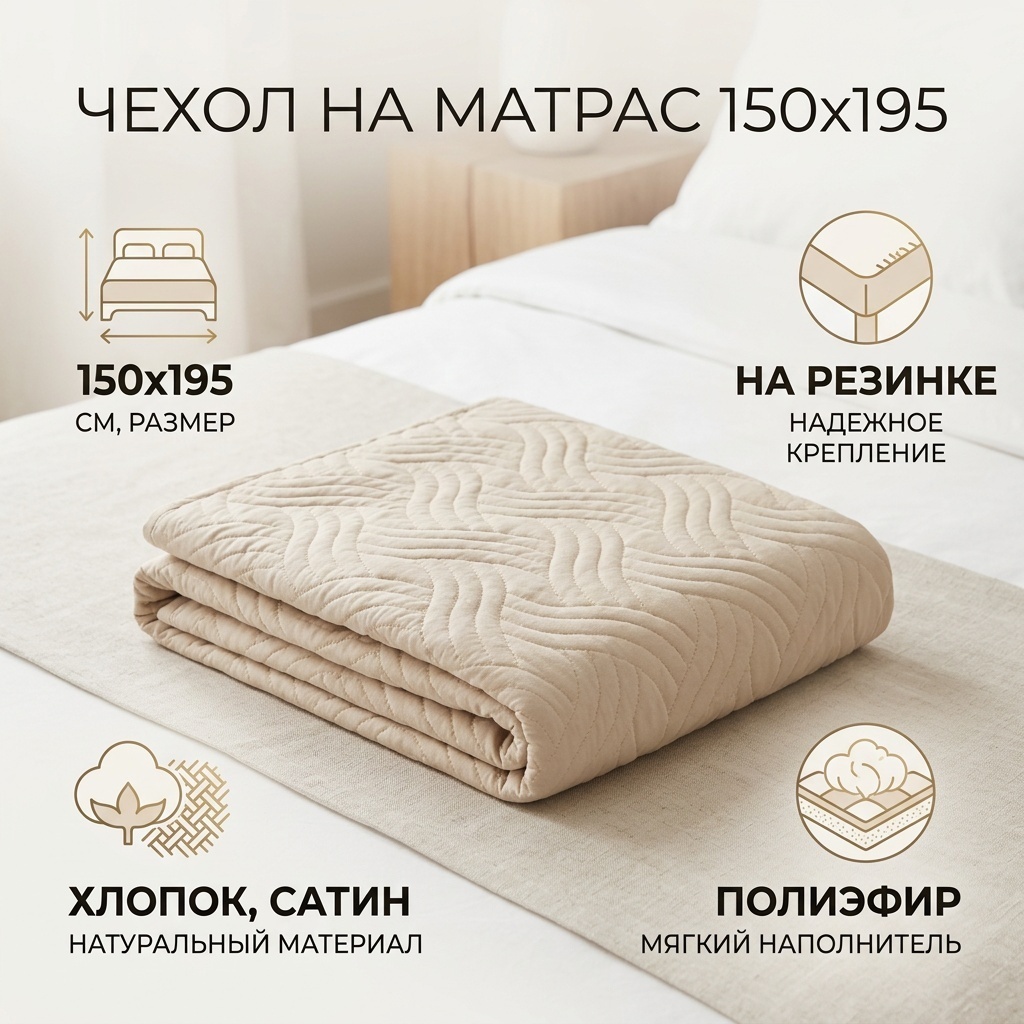 Чехол на матрас на резинке Без бренда 150x195, хлопок, сатин