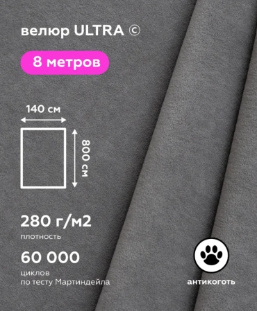 Ткань велюр SAKURA длина: 800 см серый