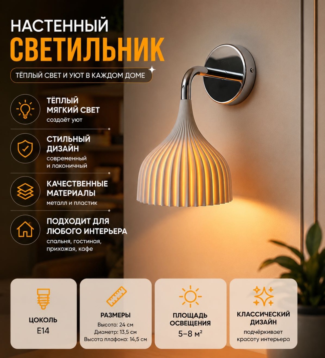 Бра настенный E14, белый