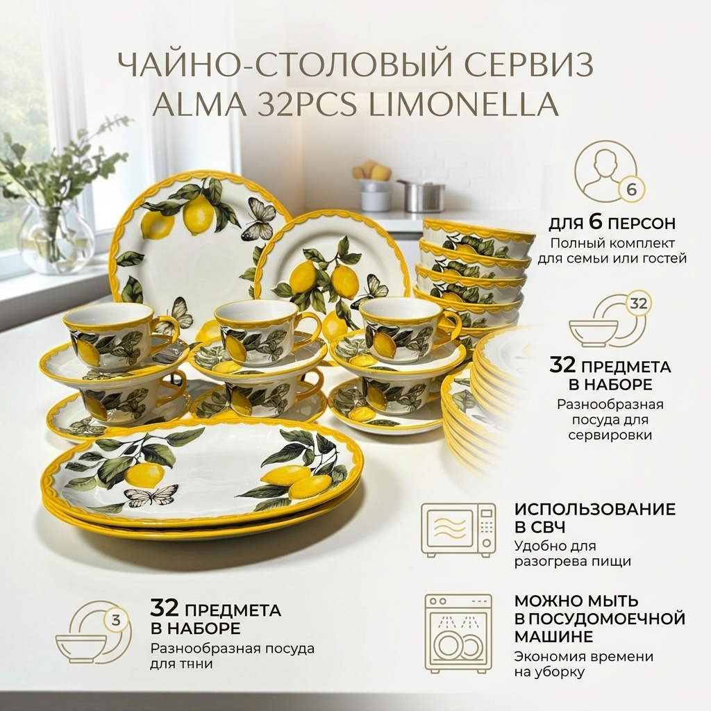 Сервиз на 6 персон Alma 32PCS Limonella, предметов: 32, чайно-столовый, керамика