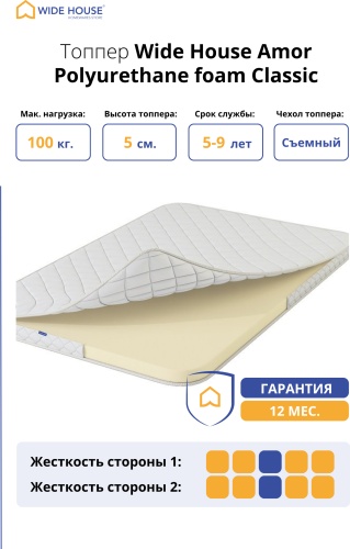 Топпер WIDE HOUSE Amor Polyurethane foam Classic, 180x180x5 см