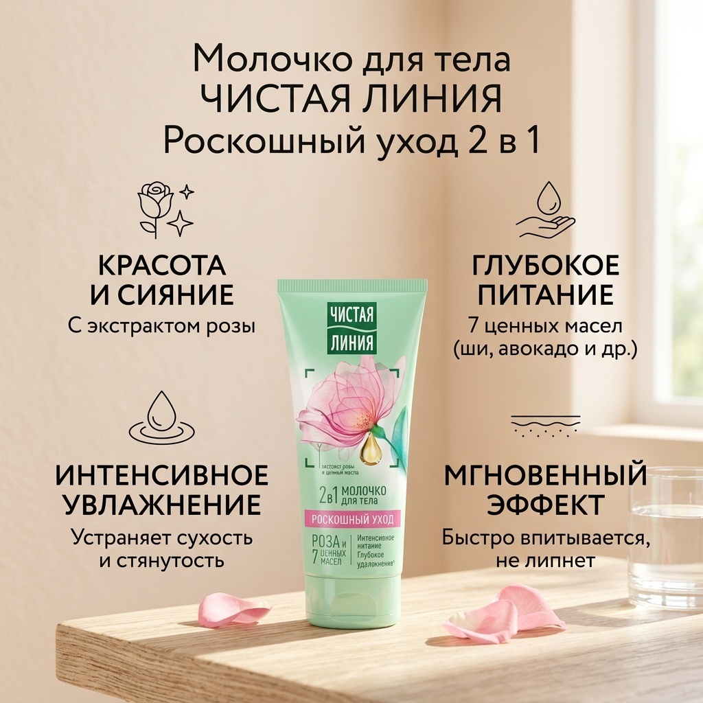 ЧИСТАЯ ЛИНИЯ Роскошный уход 2 в 1 молочко для тела 200 мл