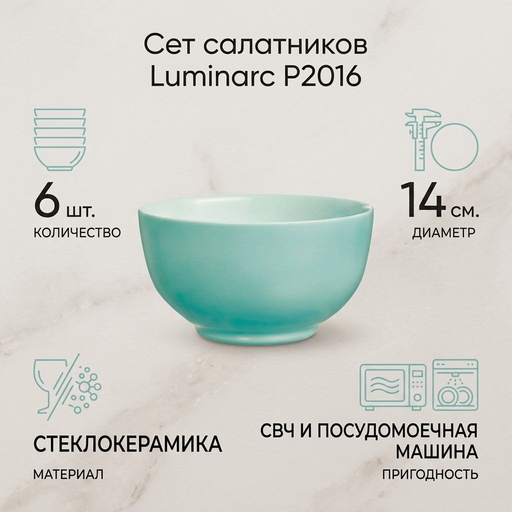 Салатник Luminarc 14х14 см, стеклокерамика, 6 шт