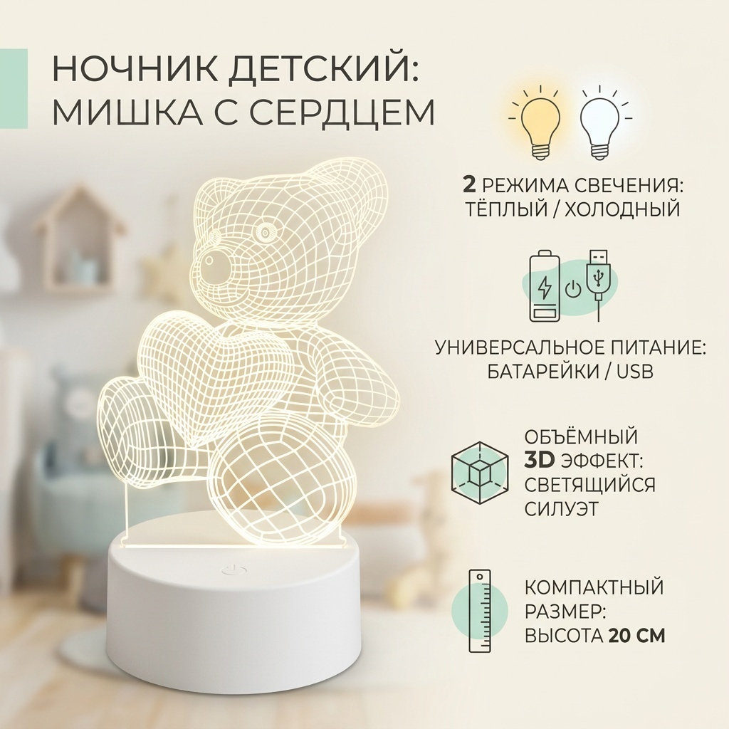 Ночник детский настольный Мишка с сердцем, холодный белый, желтый
