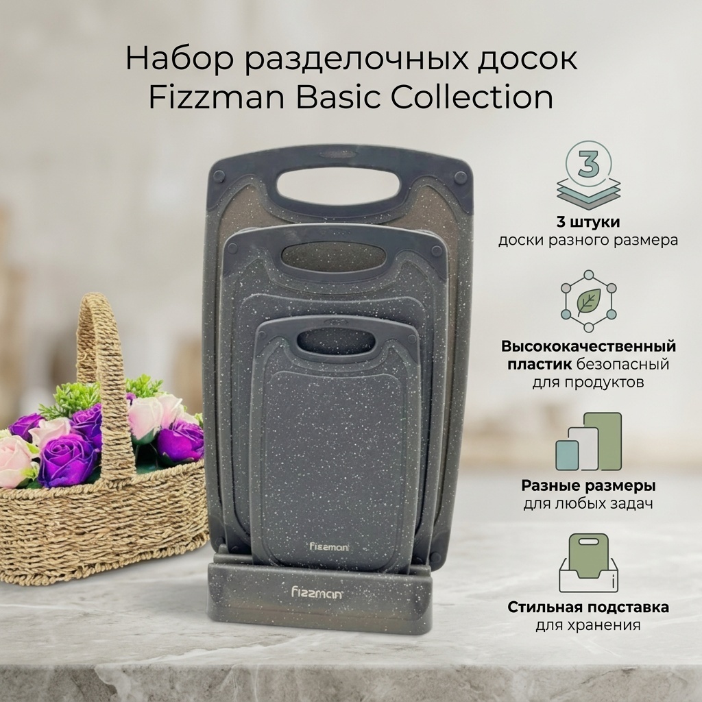 Набор разделочных досок Базовая коллекция Разделочные Доска 3в1 с подставкой 01 3 шт, пластик
