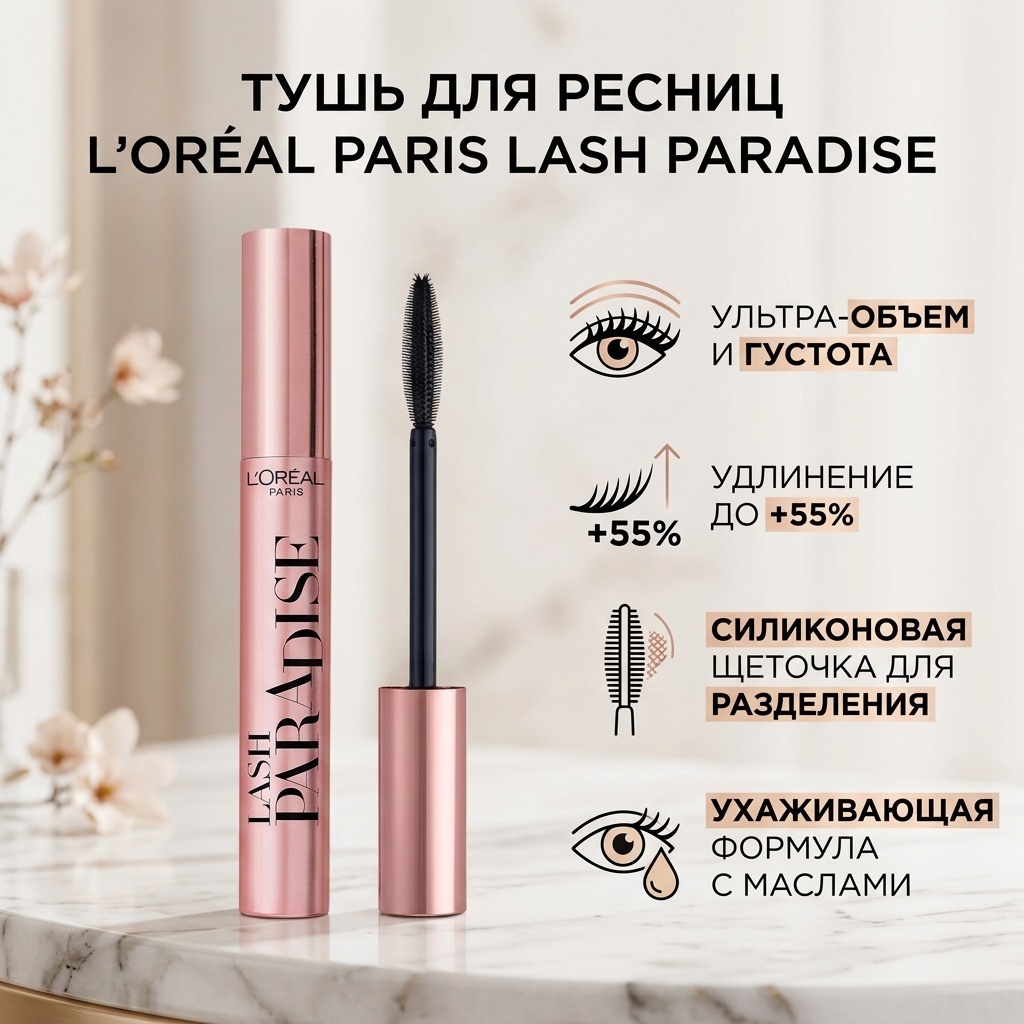 Тушь для ресниц Loreal Paris Paradise для объема, удлиняющая черный