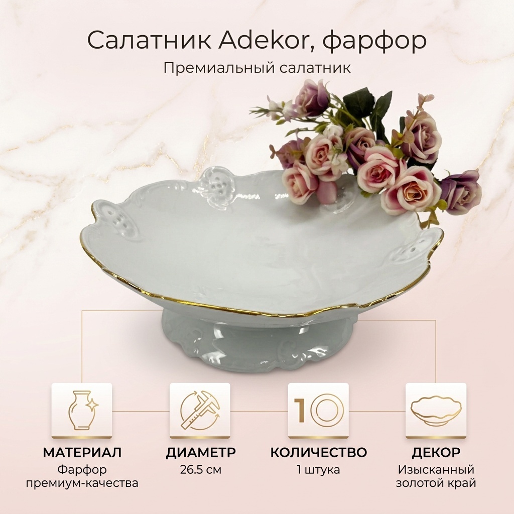 Салатник Adekor 26.5х26.5 см, фарфор, 1 шт