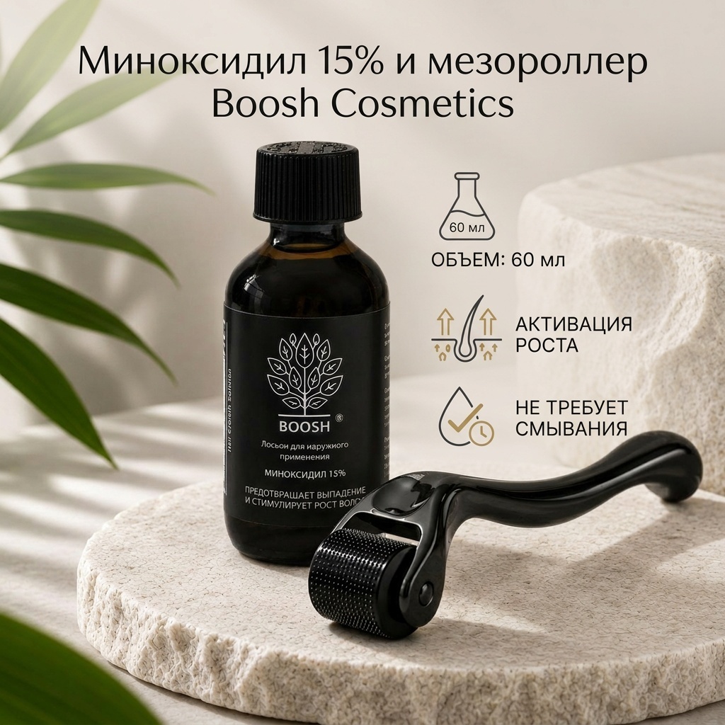 Boosh Cosmetics Миноксидил 15% и черный мезороллер лосьон 60 мл
