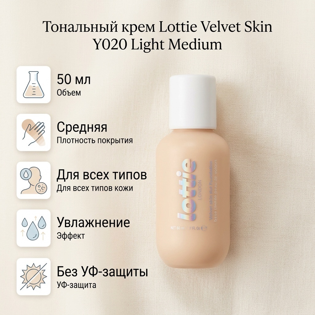 Lottie Velvet Skin тональный крем Y020 Light Medium 50 мл