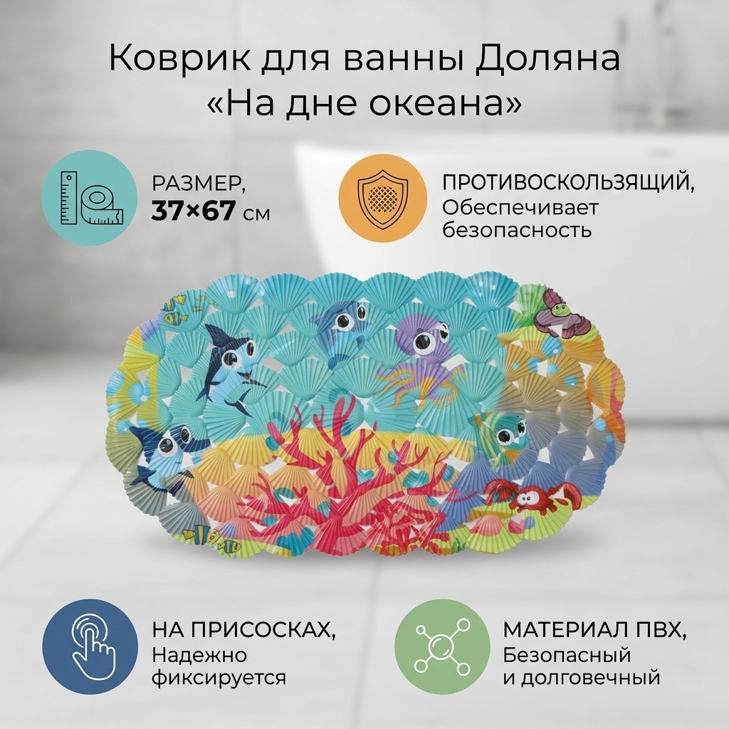 Коврик противоскользящий в ванну на присосках Доляна «На дне океана», 37×67 см