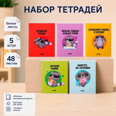 Набор общих тетрадей Calligrata Дерзкий енот, 48 л, А5+, клетка, мягкая обложка, 5 шт